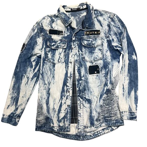 Imperious Acid Wash Studded Blue White Button-Down Jacket Large - Picture 4 of 11